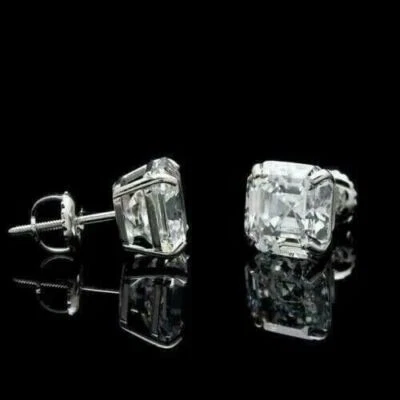 Women Bridal Earrings 3.80Ct Created Asscher Diamond Stud 14K White Gold Finish - Image 1 of 2