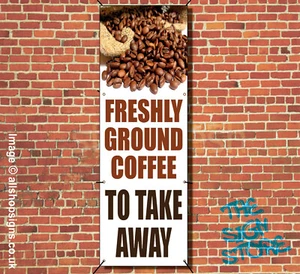 FRESH GROUND COFFEE TAKEAWAY BANNER VERTICAL OUTDOOR SIGN waterproof SIGN - Picture 1 of 1