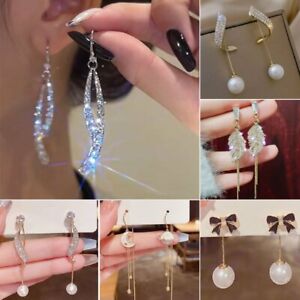 Fashion Zircon Crystal Pearls Tassel Earrings Stud Dangle Drop Women Wedding Hot