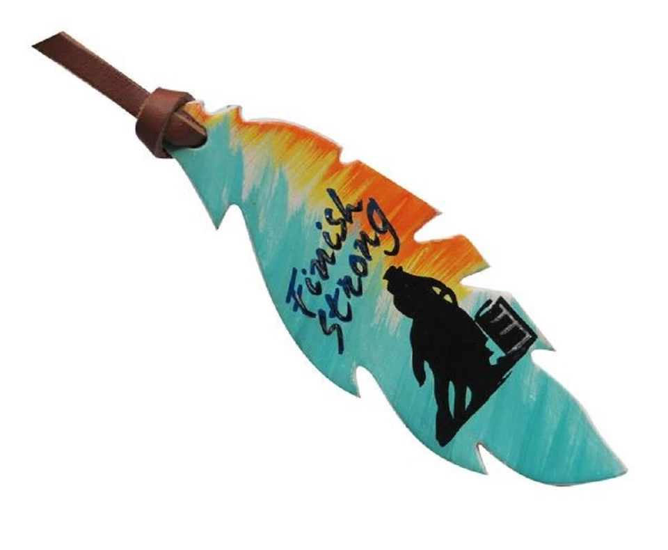 NEW! Hand painted leather "FINISH STRONG" FEATHER TIE ON cut out horse saddle  - Image 1 of 1