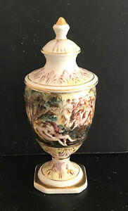 Vintage R. Capodimonte, Italy M.A.S. Ceramic Lidded urn-orgy & horses in relief