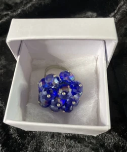 VINTAGE Blue AURORA BOREALIS CRYSTAL Bead LARGE CLUSTER RING Adjustable STUNNING - Picture 1 of 7