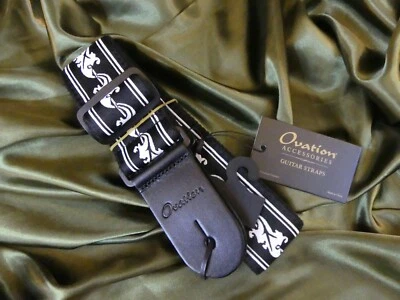 Correa de Guitarra Ovation Blanco y Negro con Extremos de Cuero Diseño Retro Firma Hoja Foto 1 de 3