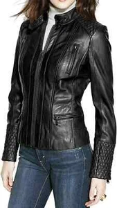 BRAND Women's Black LeatherJacket 100% Pure Lambskin Bomber Biker Slim FitJacket - Picture 1 of 3