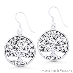 Tree-of-Life / Knowledge Etz Chaim Charm Sterling Silver Dangling Hook Earrings - Picture 1 of 1