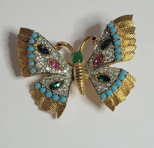 Multicolor Rhinestone Butterfly Brooch textured gold tone vintage unsigned - Picture 1 of 4