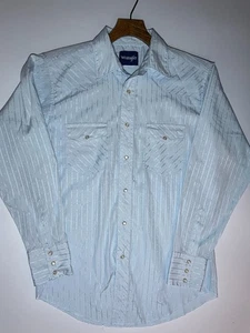 Vintage Wrangler Western Pearl Snap Hemd hellblau langarm Cowboy Rodeo Herren L - Bild 1 von 9