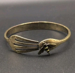 VTG Estate Artisan Unique Bangle Bracelet Bent Fork Spoon W Enameled Bumble Bee - Picture 1 of 9