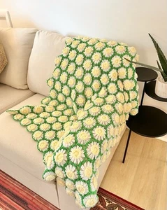 Handmade Crochet Daisy Flower Afghan Blanket Throw 34”x44” Granny Square - Picture 1 of 5