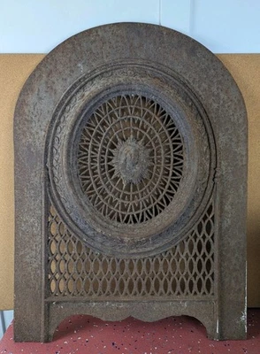 Antique Cast Iron Arched Fireplace Summer Front Cover Great Cherub Face 20"x27" - Image 1 of 4