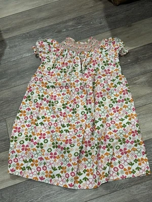 Strasburg Girls Smocked Floral Dress Size 5Y 100% Cotton Green Pink Orange - Image 1 of 4
