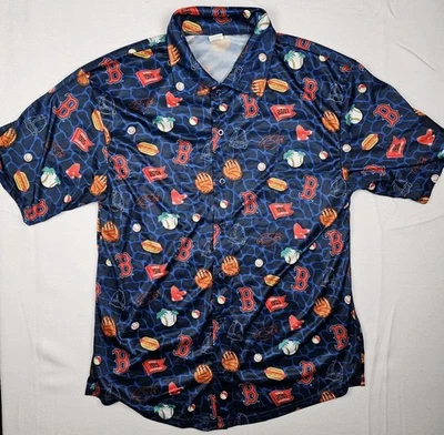 Boston Red Sox Shirt Mens M Button Up Hawaiin Baseball Gloves Hotdogs Short Slv - Image 1 of 4