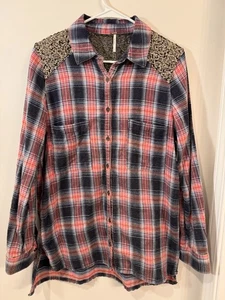 Free People Little Bit Of Sugar Oversize Hemd Damen Small S rot kariert Pailletten - Bild 1 von 10