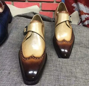 Scarpa premium singola cinturino monk per uomo doppia tonalità scarpa su misura beige tonalità marrone chiaro - Foto 1 di 7