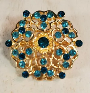 Turquoise Blue Teal Glass Rhinestone Brooch Pin Flower 1 1/8" Gold Tone - Picture 1 of 5