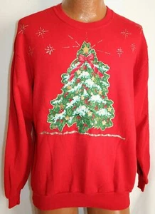 Vintage 90s Glitter CHRISTMAS TREE Ugly Christmas Sweater SWEATSHIRT M - Picture 1 of 3