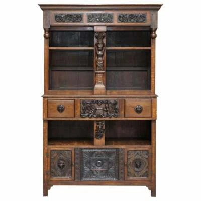LARGE HEAVILY CARVED BOOKCASE CUPBOARD WITH ORNATE CHERUB PUTTI & LION FIGURES - Image 1 of 4