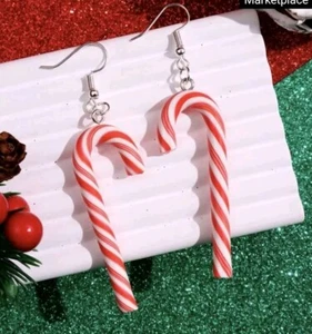 Candy Cane Christmas Earrings Red And White Holiday Costume Jewelry Holiday - Picture 1 of 2