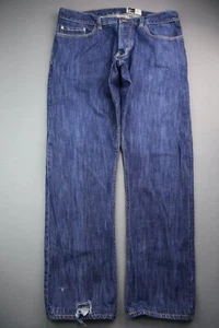 Pantalones de mezclilla para hombre Howe 6 bolsillos ajustados rectos en dificultades talla 36x31 botones mosca - Imagen 1 de 11