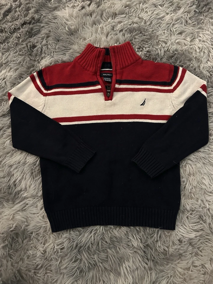 Suéter Nautica Tejido 1/4 Cremallera Niños Med 10/12 Color Bloqueado Rojo Blanco Azul Preppy Foto 1 de 3