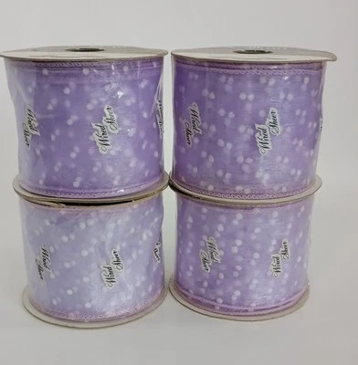 4 Vintage Offray Wire Ribbon Nylon 2 1/2'' by 9 Feet Lavender w/ White Dots - Image 1 of 4