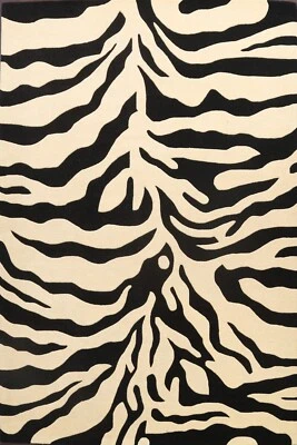 Zebra Animal Print Oriental Area Rug Hand-Tufted Wool Ivory/ Black Modern Carpet - Image 1 of 4