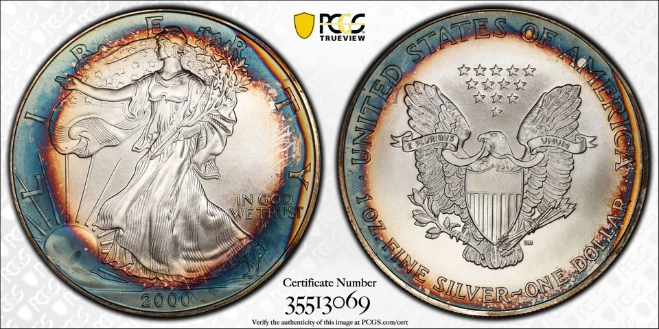 2000 1 oz Silver American Eagle - PQ Bullseye Rainbow Pattern Toning  PCGS MS 68 - Image 1 of 1