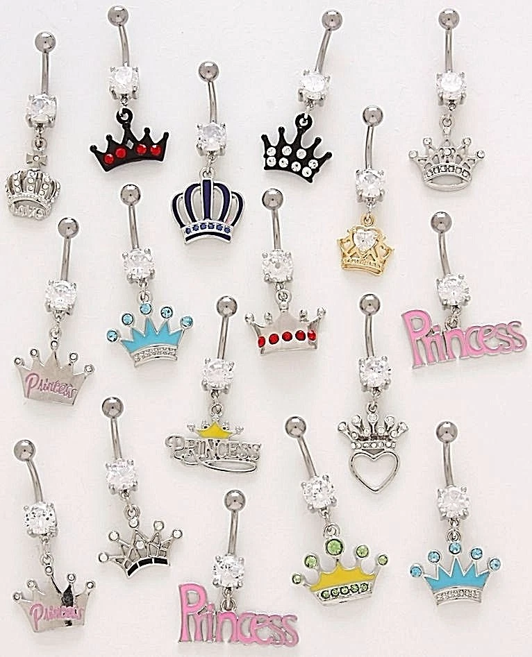 10 CZ Dangle Belly Button Rings Princess Crown 14g Wholesale Gem Jewelry Navel - Image 1 of 1