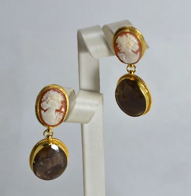 ORECCHINI ARGENTO 925 DORATO   CAMMEI CORNEOLA CORIDONI MARRONE        AGHT 0127 - Immagine 1 di 3