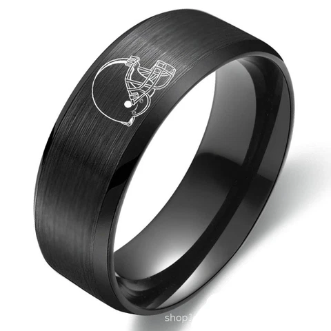 Black Cleveland Browns Football Team Stainless Steel Rings Men's Band Size 6-13 Cover