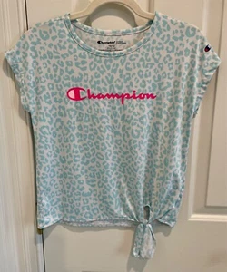 Champion Blue and White Leopard Print Tie-Front Top. Youth 10/12 - Picture 1 of 10