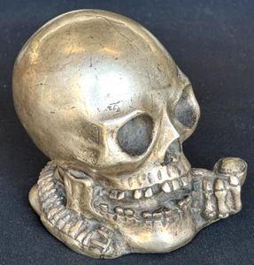 Vintage Silver Human Skull Smoking a Pipe Metal Sculpture (5-1/2" x 5") Military - Picture 1 of 15