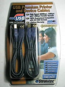 STRATITEC 6.5 Foot USB Premium Device High SPEED Cables 2 PACK Black Gold Plated - Picture 1 of 2