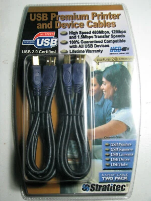STRATITEC 6.5 Foot USB Premium Device High SPEED Cables 2 PACK Black Gold Plated - Image 1 of 2