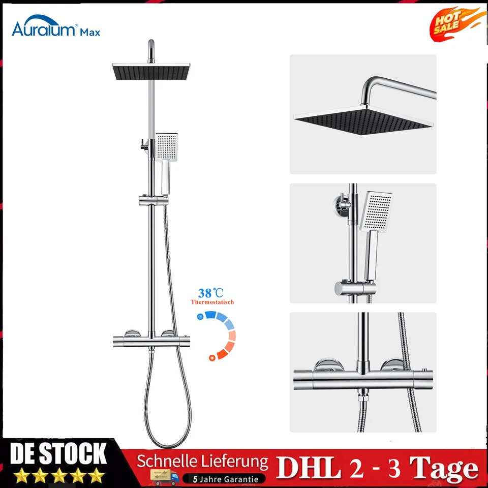 AURALUM MAX Regendusche mit Thermostat Duscharmatur Duschsystem Duschset Handbrause Chrom