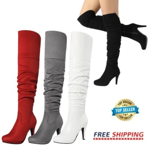Women Thigh High Chunky Heel Platform Over The Knee Boots Classic Booties Party - Picture 1 of 35