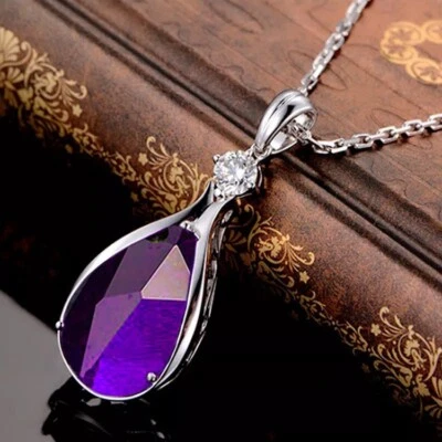 925 Sterling Silver Womens 18" Elegant Amethyst Gemstone Pendant Necklace D348 - Image 1 of 4