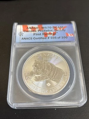 2019 $5 CANADA 1 OZ SILVER GRIZZLY BEAR ANACS MS70 RARE FIRST RELEASES DCAM - Image 1 of 3