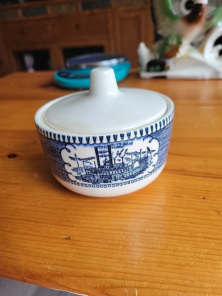 Vintage Ceramic White  & Blue Sugar Bowl With Lid Steamboat Scene - Image 1 of 4