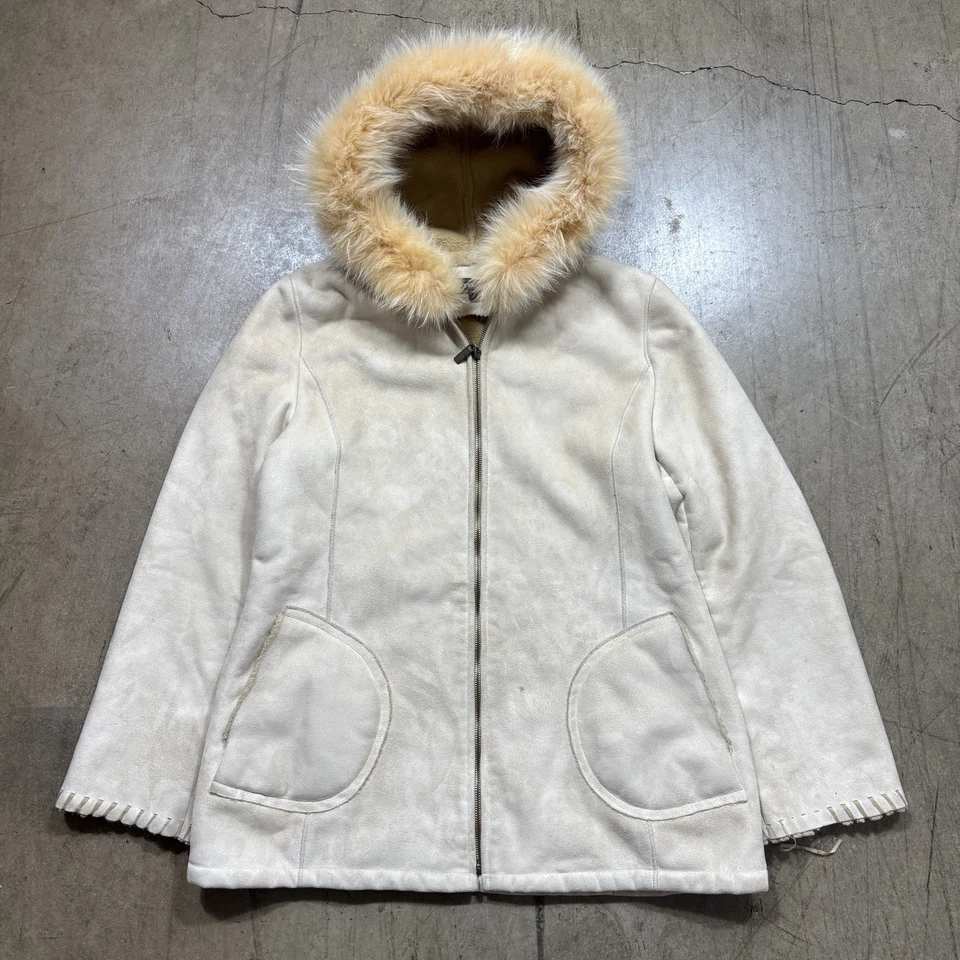 Chaqueta de cuero sintético Siena Studio para mujer mediana capucha de piel de zorro cremallera completa vintage años 90 Foto 1 de 4