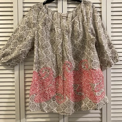 Merona Blouse Woment's 2X Beige Coral Peasant 100% cotton Poet Hippie Bohemian - Image 1 of 4