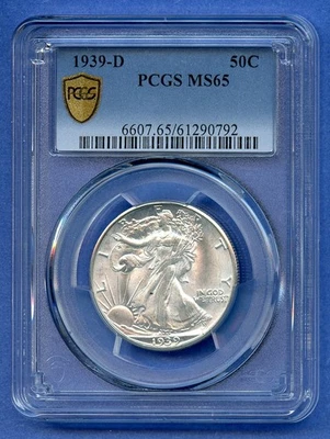 1939 D PCGS MS65 Walking Liberty Silver US Coin Half Dollar 50c Blast White  - Image 1 of 3
