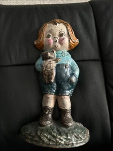 Vintage Cast Iron Boy Holding Teddy Bear Doorstop Campbell Soup Kid - Picture 1 of 9