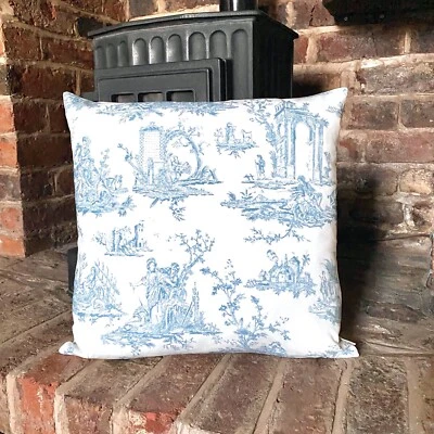 1038.Light Blue Toile De Jouy 100% Cotton Cushion Cover, Various sizes - Image 1 of 4