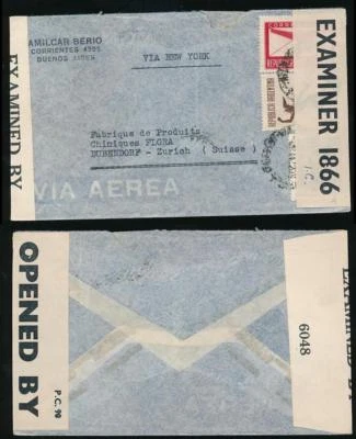 CORREO AÉREO ARGENTINA SEGUNDA GUERRA MUNDIAL a ZURICH BERMUDAS DOBLE CENSURADAS INTERCEPTADAS 1866+6048 Foto 1 de 3