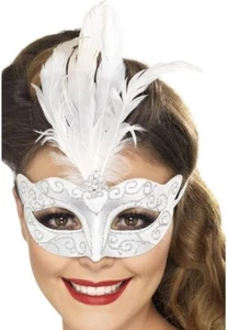 Ladies Venetian Silver And White Glitter Eye Mask - Picture 1 of 1