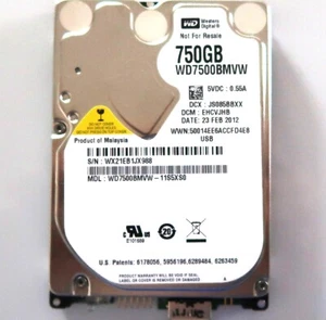 Western Digital WD7500BMVW-11S5XS0 EHCVJHB (WX21) Malaysia 750gb USB 23FEB2012 - Afbeelding 1 van 1