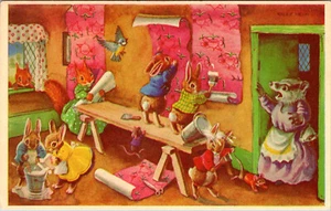 CONIGLI VESTITI - RACEY AIUTA - CONIGLIETTI COME GLI APPENDIABITI DI CARTA - CARTOLINA VINTAGE - Foto 1 di 2
