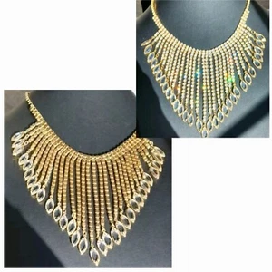 Navette Bibb Statement Necklace Gold Tone Clear AB Graduated Reversible 1950 - Picture 1 of 17