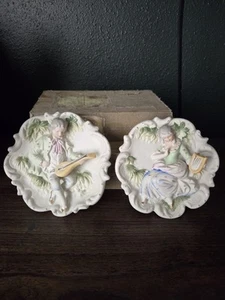 Vintage Andrea Hand Painted Victorian Wall Plaques Set 5.5" Occupied Japan - Picture 1 of 7